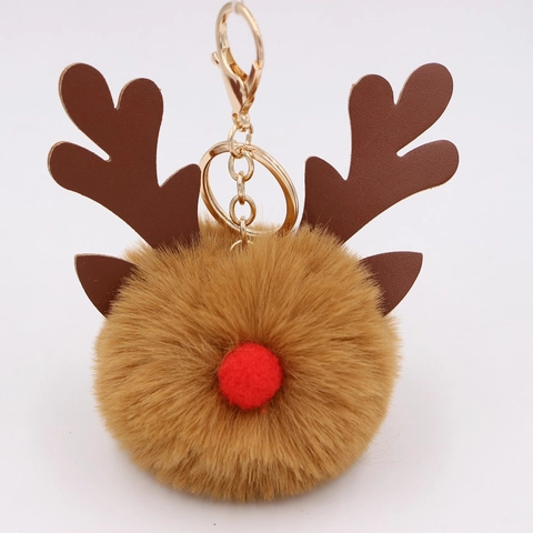 Llavero de Bola de Pelo de Reno de Navidad Lindo Pompón de Alce de Piel Sintética Amuleto de Bolso de Aleación de Metal Astas de Reno Regalo