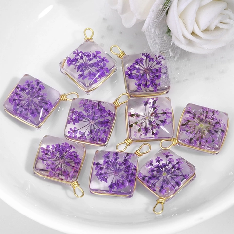 Pendente In Vetro Fiori Secchi Quadrato Trasparente Resina Charms Filo Di Rame Placcato Oro DIY Creazione Gioielli