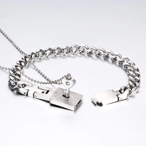 Gioielli Per Coppia In Acciaio Inossidabile Collana Pendente A Chiave Di Cuore E Bracciale A Catena Con Lucchetto Regalo Romantico