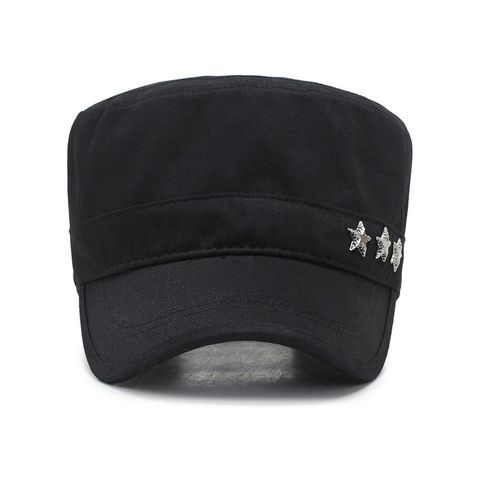 Cotton Flat Top Cadet Military Cap With Metal Star Rivets Adjustable Breathable Outdoor Sun Hat Vintage Style