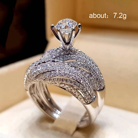Luxurious Engagement Ring Round Cut Rhinestone Alloy Crossover Layered Women Wedding Party Elegant Jewelry