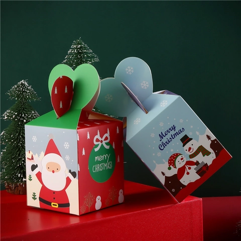 Scatola Regalo Di Natale Cartone Manico A Cuore Motivo Cartoni Animati Babbo Natale Pupazzo Di Neve Per Caramelle Mela Festa