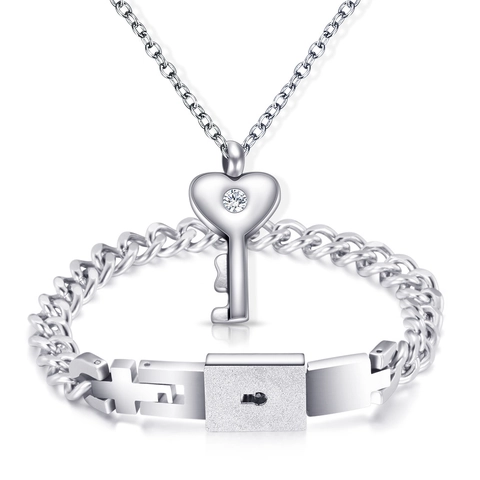 Gioielli Per Coppia In Acciaio Inossidabile Collana Pendente A Chiave Di Cuore E Bracciale A Catena Con Lucchetto Regalo Romantico