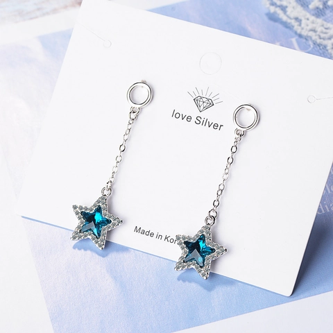Boucles d'Oreilles Pendantes Étoiles à Long Gland Style Coréen Cuivre Argenté Pentagramme Bleu Strass Boucles d'Oreilles pour Femme Bijoux