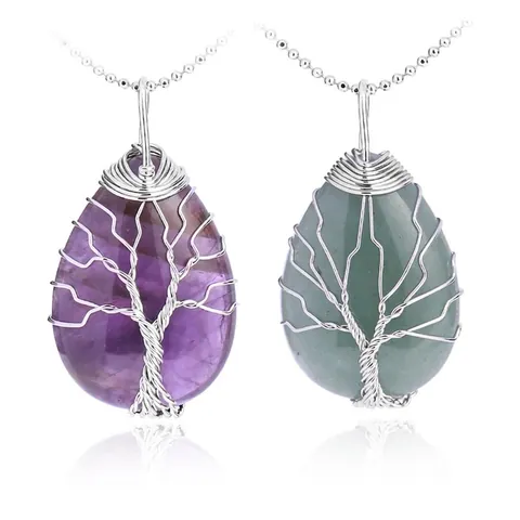Tree Of Life Teardrop Pendant Necklace Natural Gemstone Handmade Wire Wrapped Bohemian Vintage Jewelry For Women