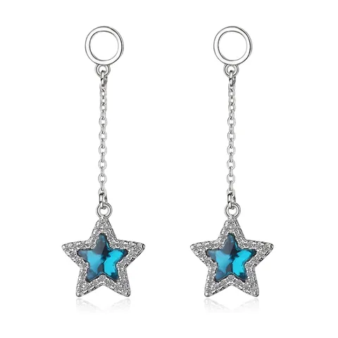 Boucles d'Oreilles Pendantes Étoiles à Long Gland Style Coréen Cuivre Argenté Pentagramme Bleu Strass Boucles d'Oreilles pour Femme Bijoux