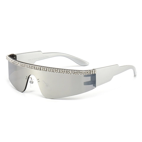 Occhiali Da Sole Avvolgenti Senza Montura Lente Pezzo Unico Decorazione Strass Montatura PC UV400 Moda Y2K Punk Donna