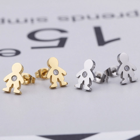 Pendientes De Botón Niño Pequeño Acero Titanio Chapado Oro 18K Circonita Forma Humanoide Moda Simple Para Mujeres
