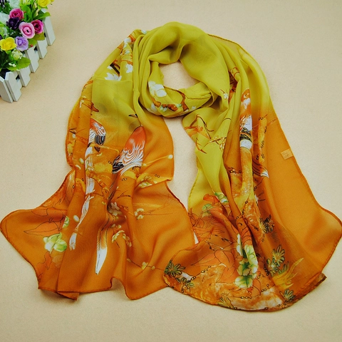 Sciarpa In Chiffon Da Donna Stile Cinese Stampa Fiori Uccelli Leggera Trasparente Traspirante Scialle