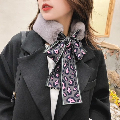 Women Winter Faux Fur Collar Scarf Leopard Print Satin Ribbon Bow Knot Neck Warmer Elegant Plush Muffler Shawl Accessory
