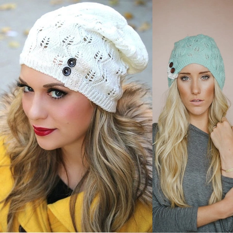 Women Knitted Beanie Hat With Hollow Leaf Pattern Lace Patchwork And Button Decor Warm Autumn Winter Beret Cap For Ladies