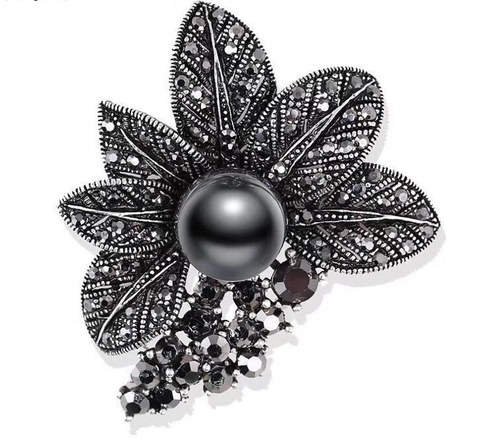Spilla in Lega Vintage a Fiocco con Perla Artificiale e Strass per Donna Argento Antico Nero Pettorale Gioielli