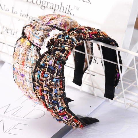 Tweed Knotted Headband Wide Edge Braided Hair Band Vintage Elegant Twisted Headpiece Fashion Accessory For Women
