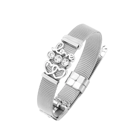 Pulsera De Malla De Acero Inoxidable Con Dijes De Corazón Love Aleación Cristales Correa De Reloj Ajustable Estilo Para Mujer