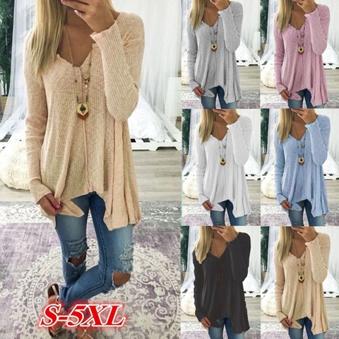 Women V-Neck Knit Sweater Waffle Ribbed Long Sleeve Pullover Irregular Hem Loose Casual Polyester Cotton Top