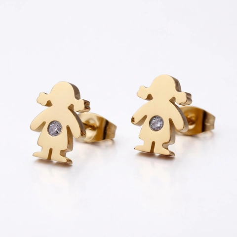 Oorknopjes Met Meisjes Silhouet Roestvrij Staal Ronde Zirkoon Inleg Minimalistisch Figuur Sieraden Voor Dames