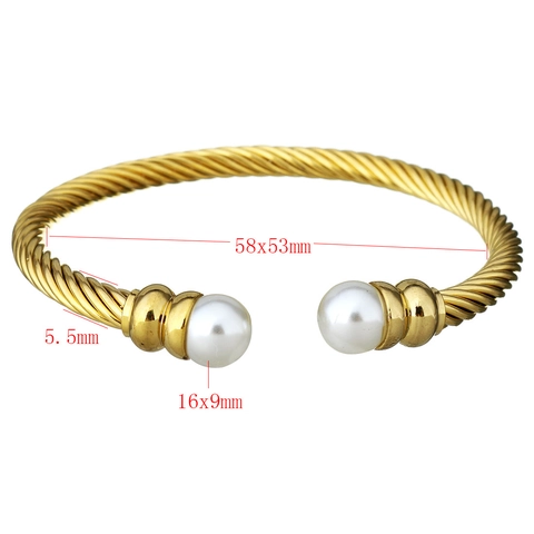 Elegant Open Cuff Bangle Bracelet Women 316L Titanium Stainless Steel Twisted Cable Design With Double White Faux Artificial Pearls