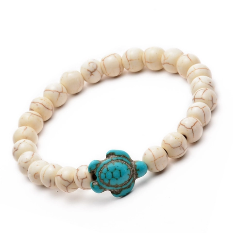 Sea Turtle Charm Beaded Bracelet Natural Stone Lava Rock Howlite Tiger Eye Bohemian Beach Elastic Jewelry For Couples