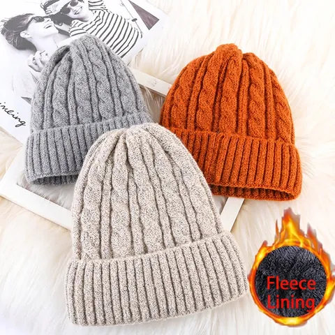 Women Winter Knit Beanie Hat Thick Cable Knit Fleece Lined Warm Windproof Cuffed Solid Color Outdoor