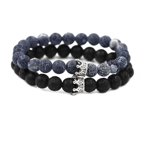 Natural Stone Beaded Bracelet With Copper Crown Charm Micro Pave Zirconia Lava Rock Matte Retro Men Jewelry