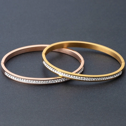 Brazalete De Acero Inoxidable Para Mujer Con Una Fila De Diamantes De Imitación Joyería Minimalista Con Bisagras