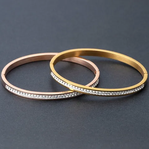 Stainless Steel Bangle For Women With Single Row Rhinestone Minimalist Hinge Opening Jewelry Rose Gold