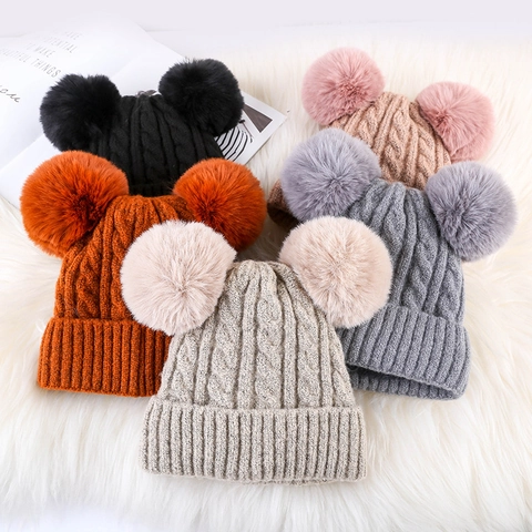 Gorro de Punto de Invierno para Mujer con Dobles Pompones de Punto de Ocho Gorro Cálido y Grueso Color Sólido Suave Térmico