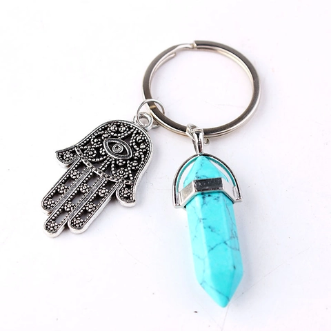 Hamsa Hand Hexagonal Crystal Point Keychain Zinc Alloy Pendant Multi Color Stone Charm Keyring Minimalist Jewelry Gift