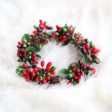 Couronne De Bougie Noël Baie Artificielle Pomme De Pin Feuille De Satin Décoration De Table Festive Ornement Maison