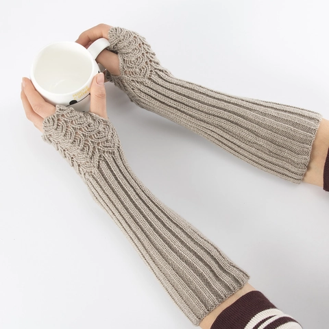 Knitted Fingerless Gloves Long Arm Warmers Acrylic Fish Scale Pattern Winter Warm Thumb Hole Solid Color Mittens