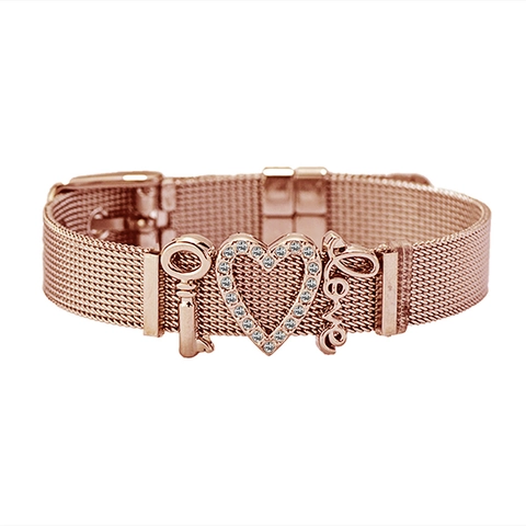 Bracciale In Maglia Acciaio Inossidabile Cuore Chiave Love Ciondolo Strass Regolabile Stile Cinturino Orologio Gioielli Donna