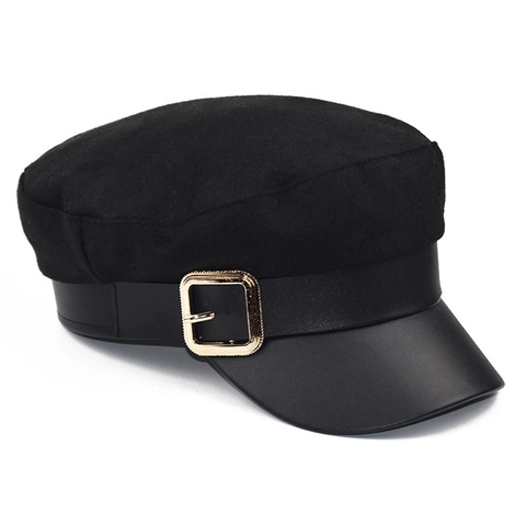 Berretto Newsboy Vintage Lana Pelle PU Patchwork Cappello Militare Con Fibbia In Metallo Dorato Stile Britannico Per Donne