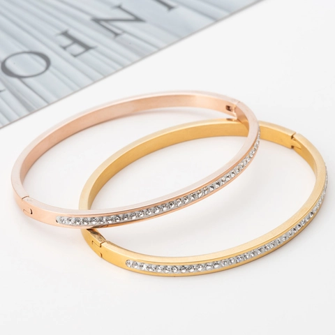 Brazalete De Acero Inoxidable Para Mujer Con Una Fila De Diamantes De Imitación Joyería Minimalista Con Bisagras