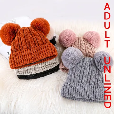 Gorro de Punto de Invierno para Mujer con Dobles Pompones de Punto de Ocho Gorro Cálido y Grueso Color Sólido Suave Térmico