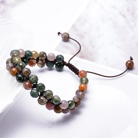 Bracciale Con Perline In Agata Indiana Naturale Doppia Fila Pietra Preziosa Sfaccettata Corda Intrecciata Regolabile Gioielli Boho