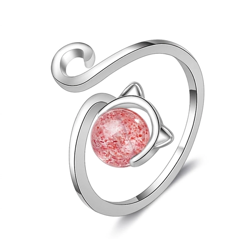 Anillo Ajustable Abierto Diseño Gato Con Cristal Fresa Rosa Tono Plateado Joyería Dulce Para Mujer