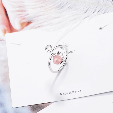 Anillo Ajustable Abierto Diseño Gato Con Cristal Fresa Rosa Tono Plateado Joyería Dulce Para Mujer