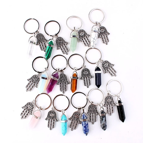Hamsa Hand Hexagonal Crystal Point Keychain Zinc Alloy Pendant Multi Color Stone Charm Keyring Minimalist Jewelry Gift