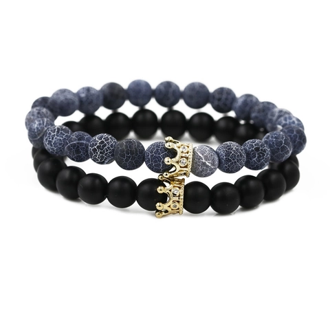 Natural Stone Beaded Bracelet With Copper Crown Charm Micro Pave Zirconia Lava Rock Matte Retro Men Jewelry