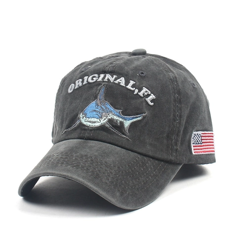 Vintage Washed Cotton Baseball Cap Shark Embroidery Letter Outdoor Summer Sun Hat Retro Adjustable Dad Hat For Women Men