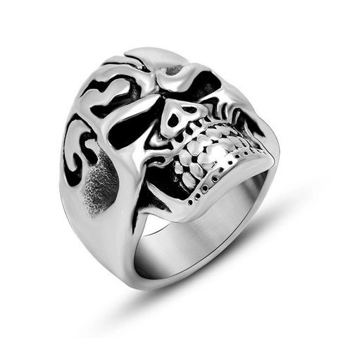 Skull Ring Men Stainless Steel Gothic Punk Rock Vintage Silver Color Flame Relief Jewelry