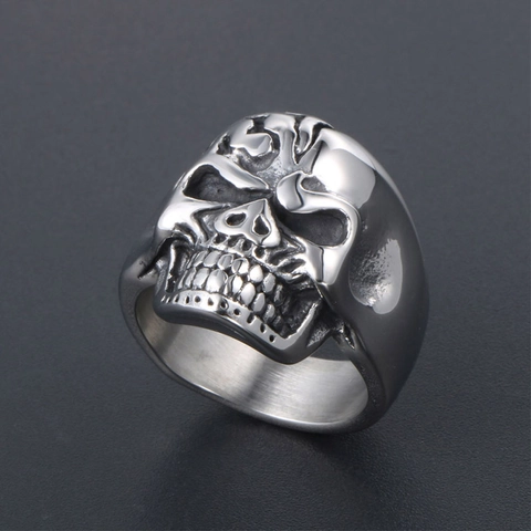 Skull Ring Men Stainless Steel Gothic Punk Rock Vintage Silver Color Flame Relief Jewelry