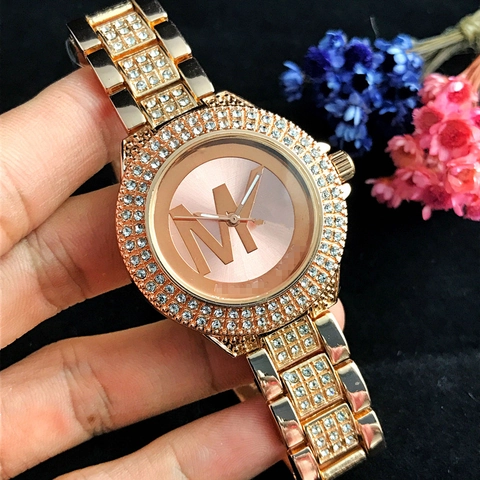 Women Quartz Watch Alloy Rhinestone Pave Bezel Metal Link Bracelet Sparkling Fashion Luxury Round Dial