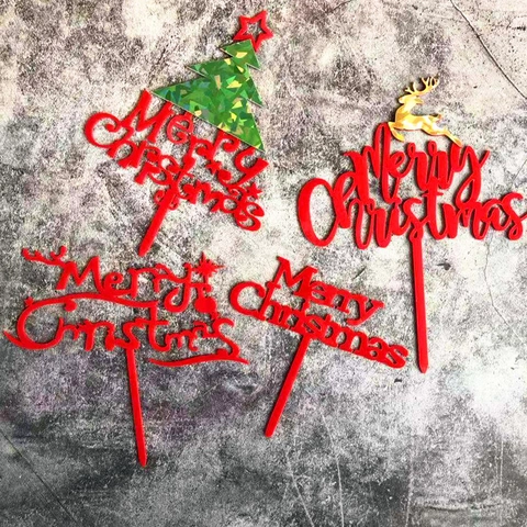 Merry Christmas Cake Toppers Acrylic Reindeer Tree Mirror Gold Decoration Party Supplies Festive Holiday Dessert Decor