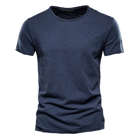 Camiseta de Algodón Slub Casual Slim Fit para Hombre Cuello Redondo Manga Corta Transpirable Color Sólido Top de Verano