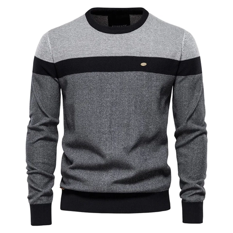 Men Casual Knit Sweater Round Neck Long Sleeve Color Block Striped Slim Fit Cotton Blend Pullover Warm Fashion Knitwear