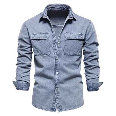 Men Washed Denim Jacket Casual Long Sleeve Cotton Shirt Streetwear Top With Double Chest Pockets Retro Lapel