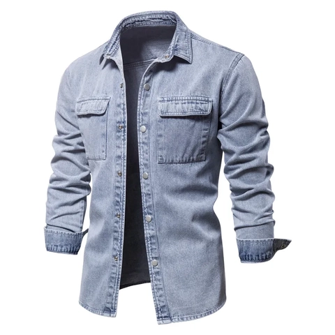 Men Washed Denim Jacket Casual Long Sleeve Cotton Shirt Streetwear Top With Double Chest Pockets Retro Lapel