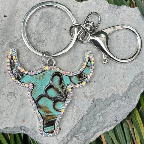 Bull Head Keychain Western Vintage Embossed Leather Cow Head Bag Pendant With Colorful Rhinestones Alloy For Women Men