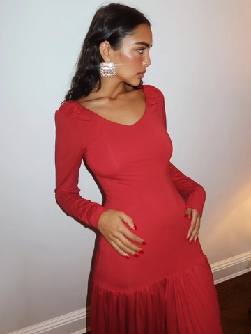 Maxi Dress V Neck Long Sleeve Ruched Pleated Bodycon Slim Fit Elegant Streetwear Women Polyester Spandex Solid Color
